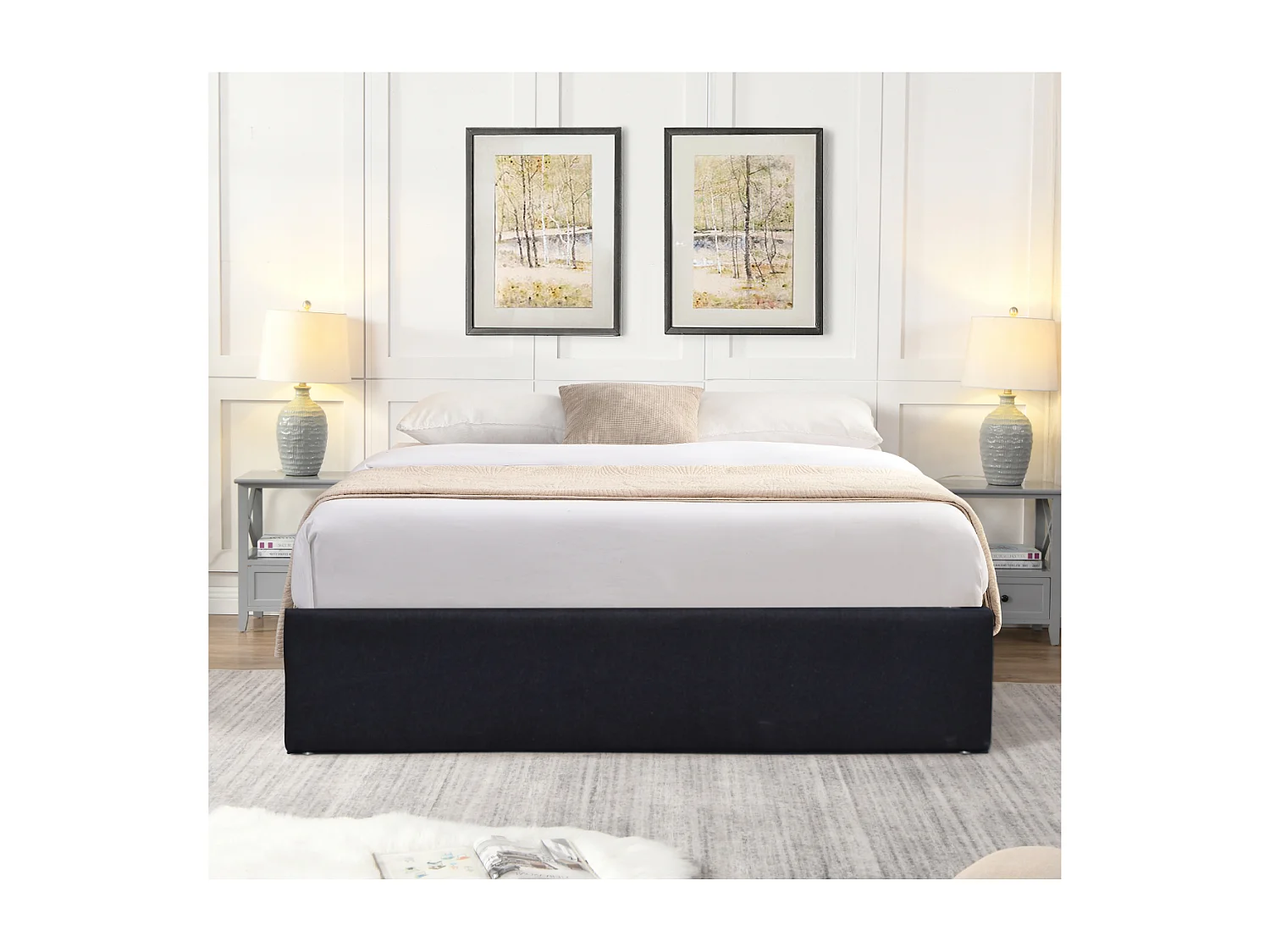 Nuits D'or Solide Lit Coffrer Noir pour Matelas 140x200 cm - 14 Lattes - Manon + Pieds - Montage Rapide et Facile - reve