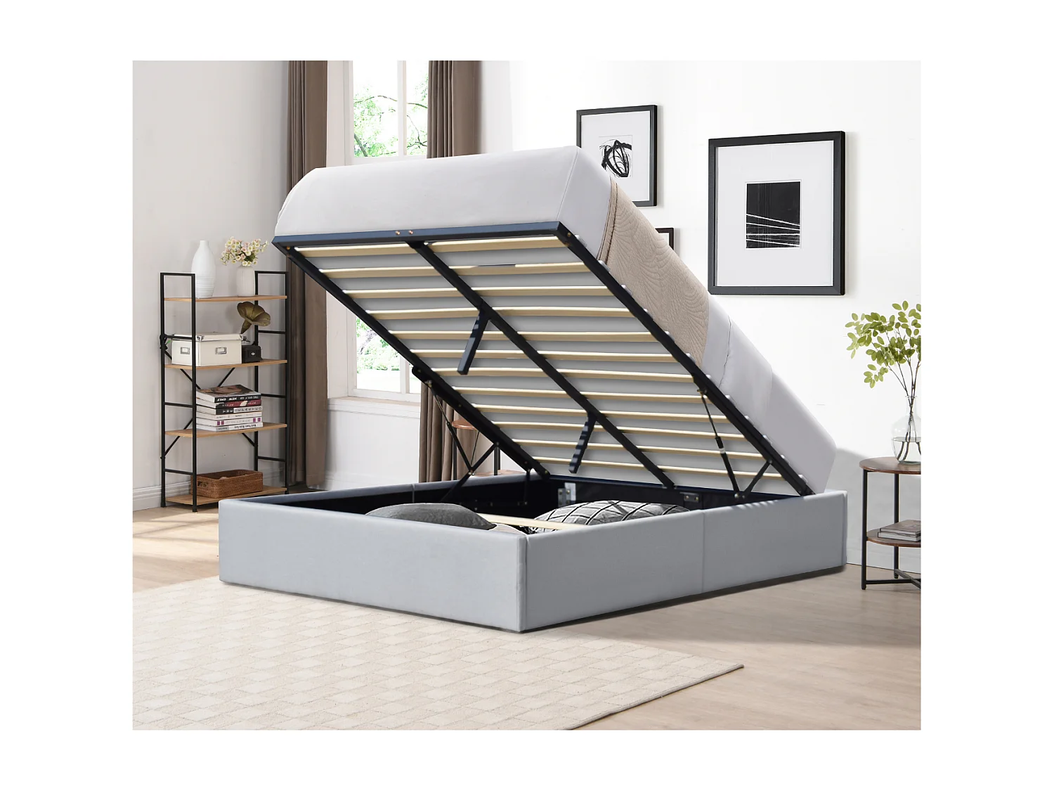 Solide Lit Coffre Gris pour Matelas 140x190 cm - 12 Lattes - Manon + Pieds - Montage Rapide et Facile - revetement PVC S