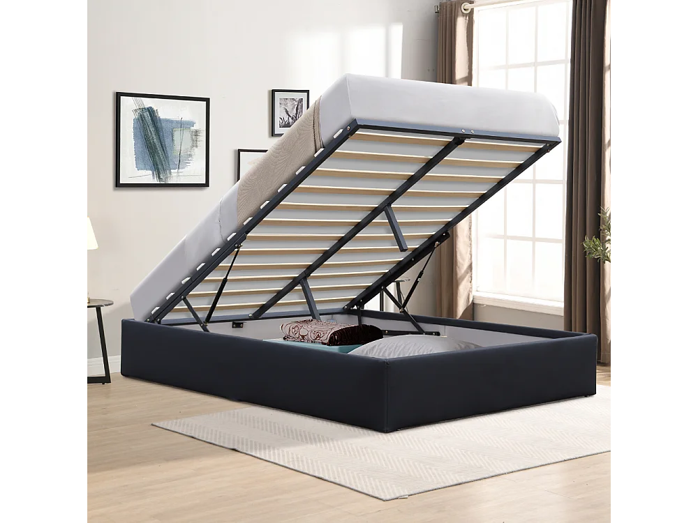 Solide Lit Coffrer Noir pour Matelas 140x200 cm - 14 Lattes - Manon + Pieds - Montage Rapide et Facile - revetement PVC