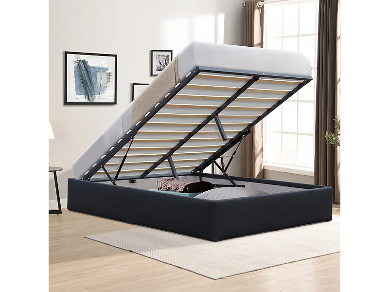 Solide Lit Coffrer Noir pour Matelas 140x200 cm - 14 Lattes - Manon + Pieds - Montage Rapide et Facile - revetement PVC