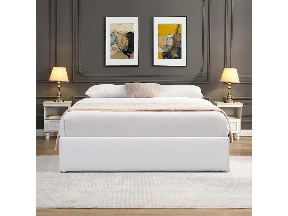 Solide Lit Coffre Blanc pour Matelas 140x190 cm - 12 Lattes - Manon + Pieds - Montage Rapide et Facile - revetement PVC