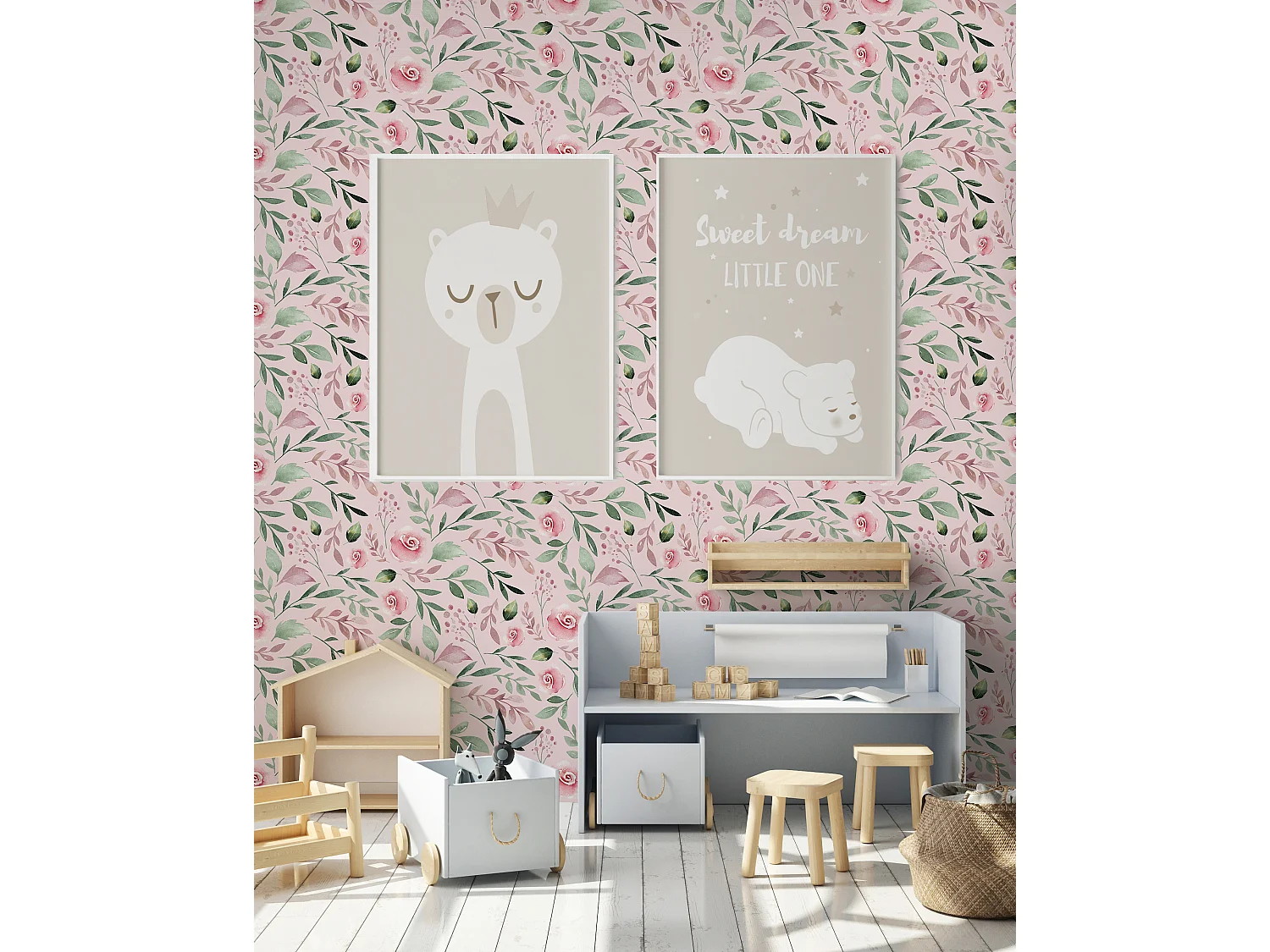 Papel pintado Boho 2 Floral Rosa pastel 65x300 cm