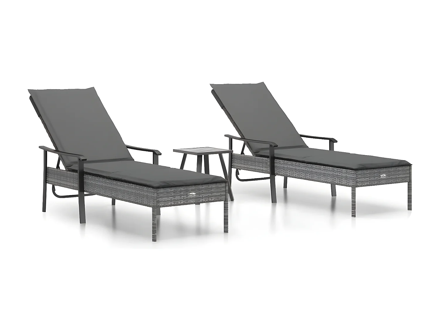 Chaises longues 2 pièces avec table et coussins gris résine tressée
