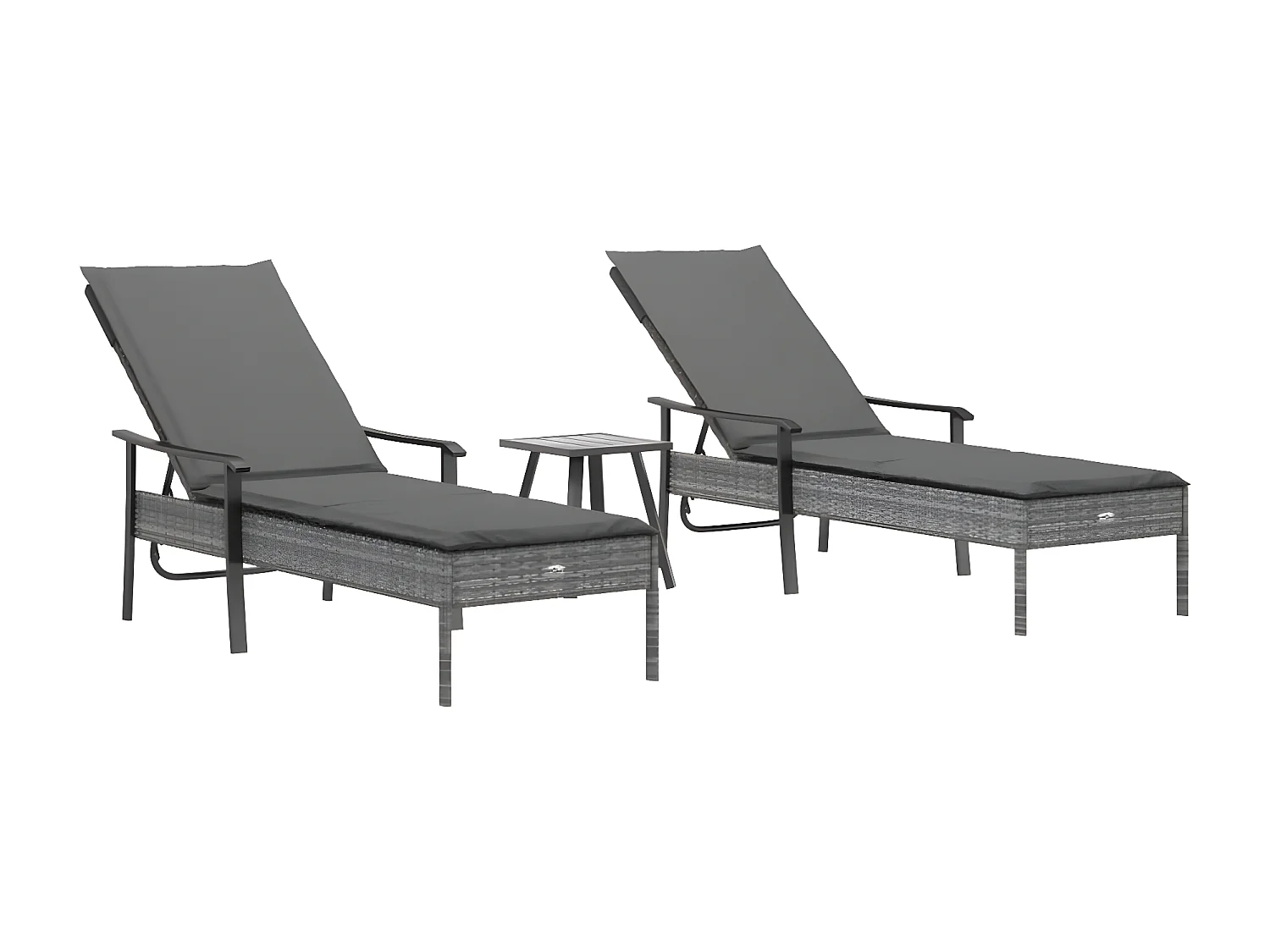 Chaises longues 2 pièces avec table et coussins gris résine tressée