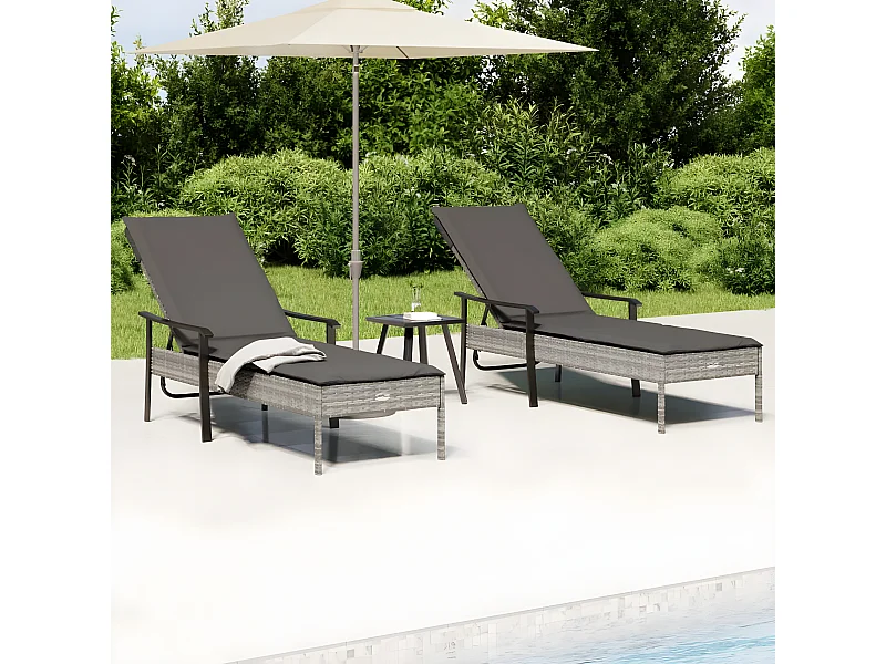Chaises longues 2 pièces avec table et coussins gris résine tressée