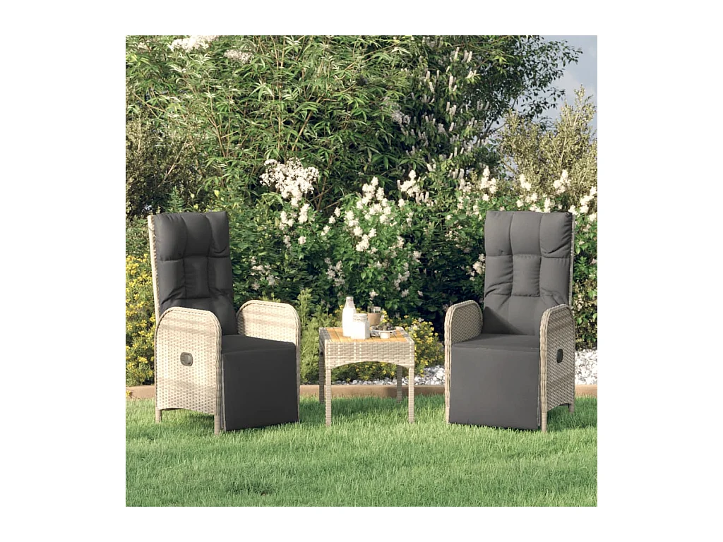 Chaises inclinables de jardin 2 pièces et table gris résine tressée