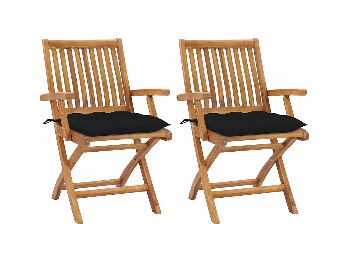Chaises de jardin 2 pièces avec coussins noir Bois de teck massif