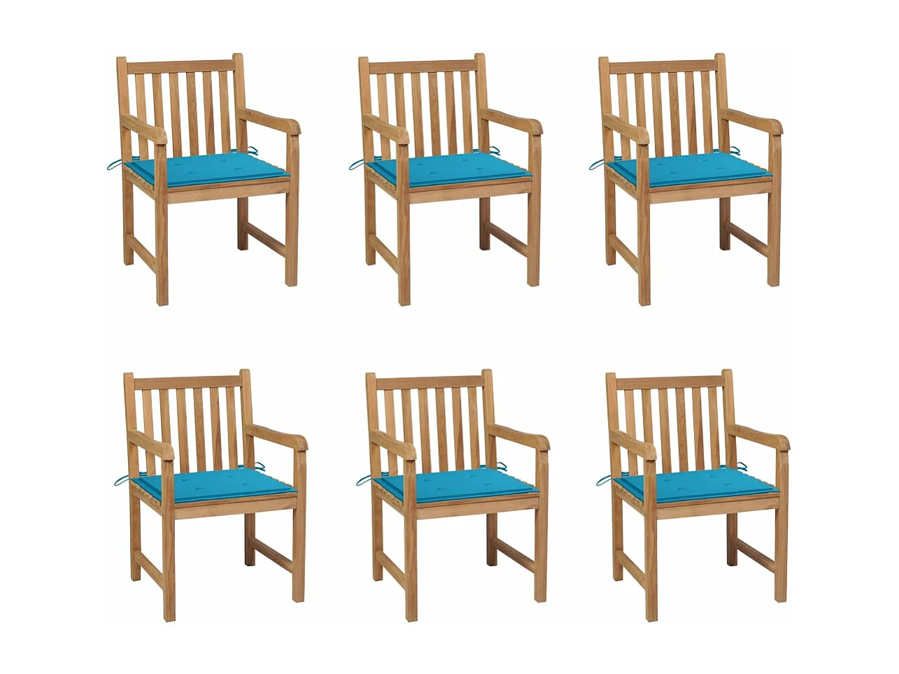 Cadeiras de jardim c/ almofadões azuis 6 peças teca maciça