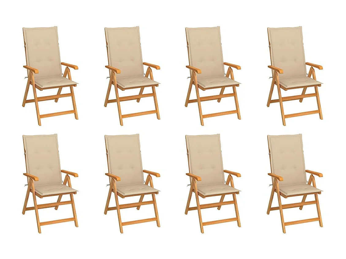 Chaises inclinables de jardin avec coussins 8 pièces Teck solide