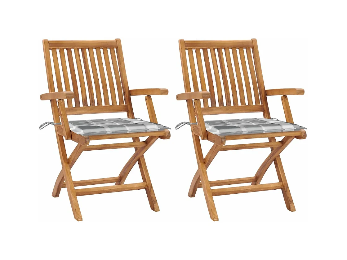 Chaises de jardin 2 pièces avec coussins à carreaux gris Teck