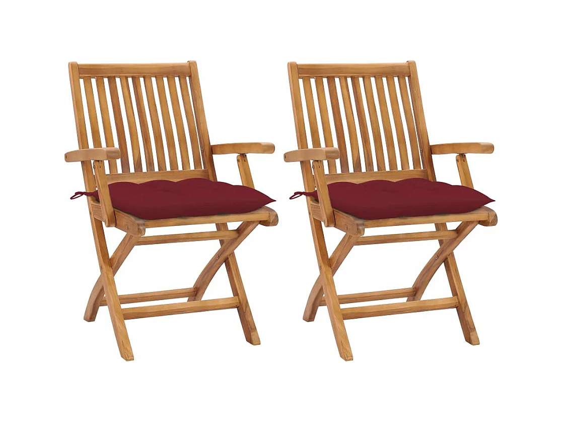 Chaises de jardin 2 pièces avec coussins rouge bordeaux Teck massif