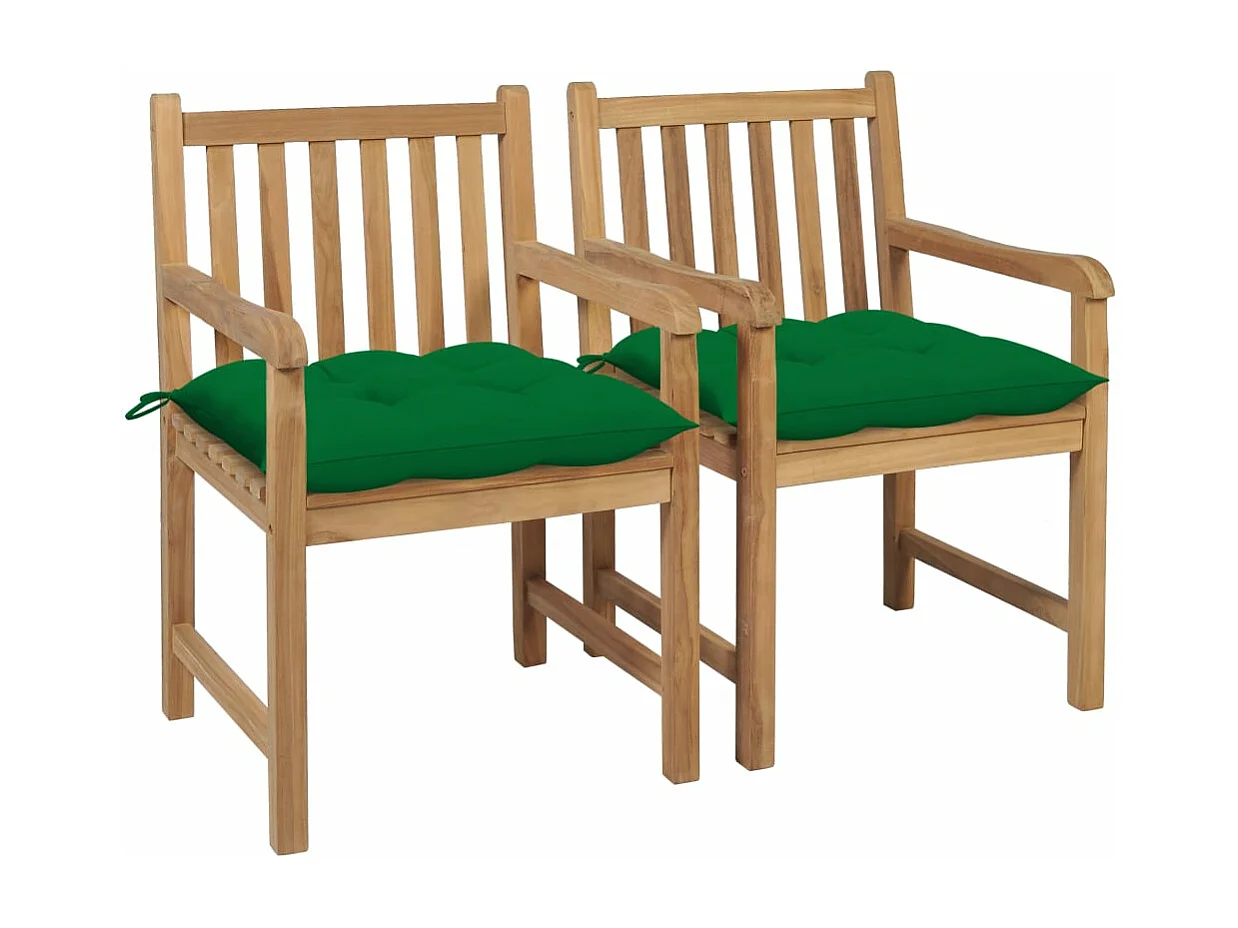 Chaises de jardin 2 pièces avec coussins vert Bois de teck massif