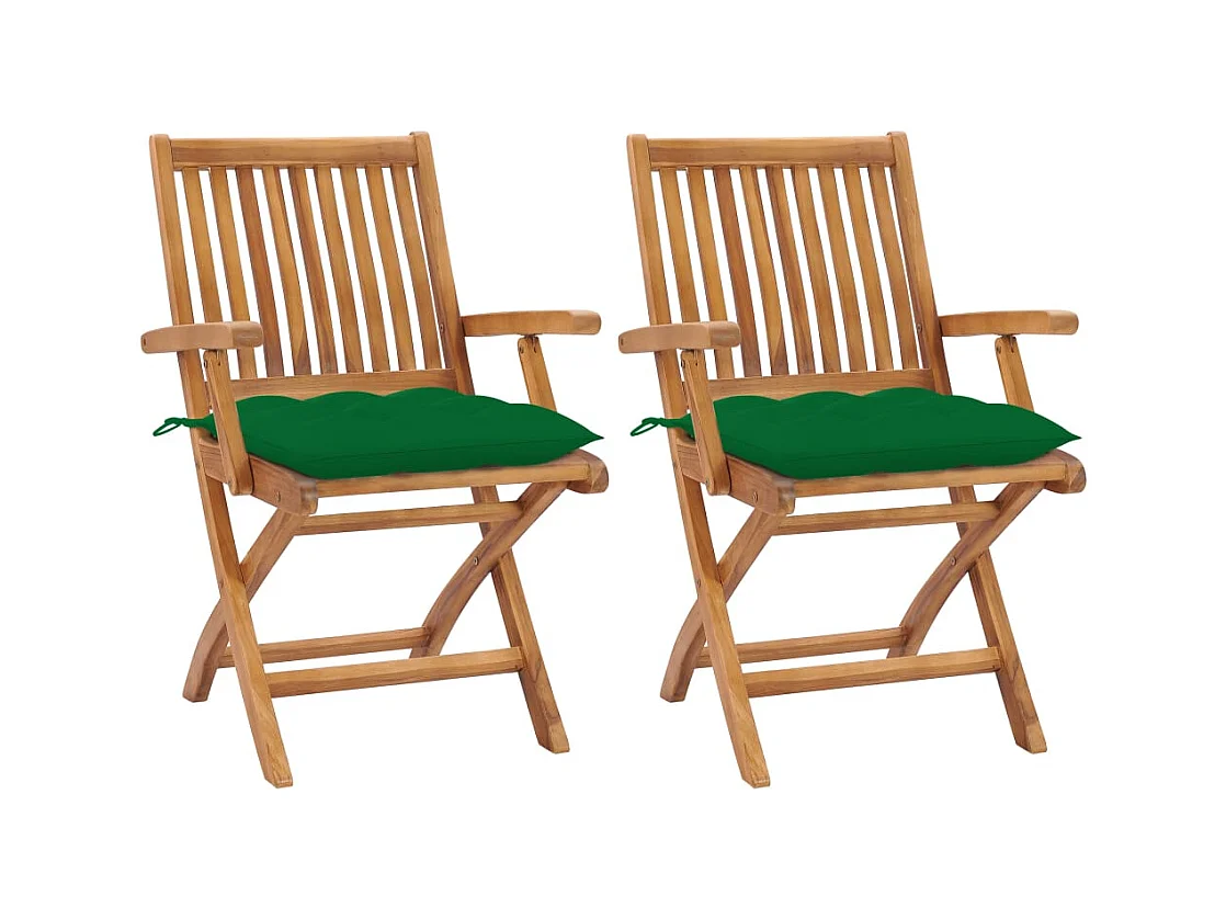 Chaises de jardin 2 pièces avec coussins vert Bois de teck massif