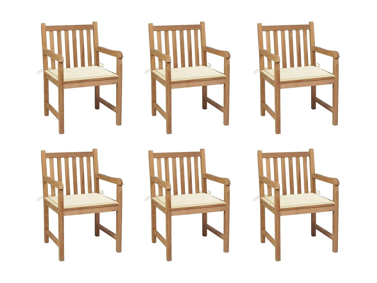 Cadeiras de jardim c/ almofadões cor creme 6 peças teca maciça