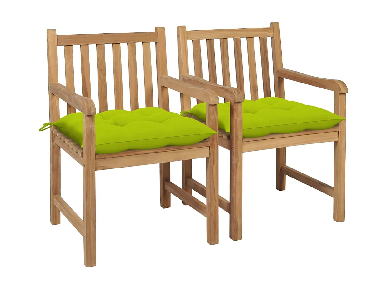 Chaises de jardin 2 pièces avec coussins vert vif Teck massif
