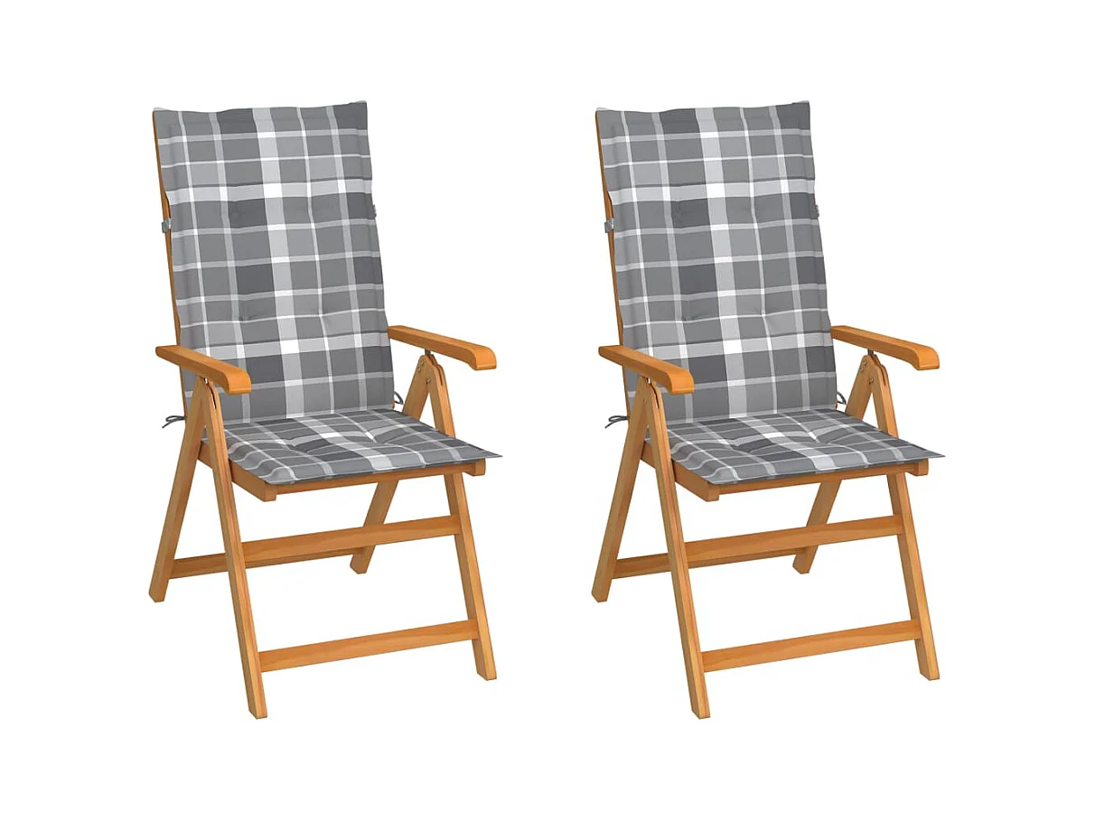 Chaises de jardin 2 pièces avec coussins à carreaux gris Teck