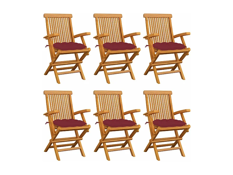 Chaises de jardin avec coussins rouge bordeaux 6 pièces Teck massif