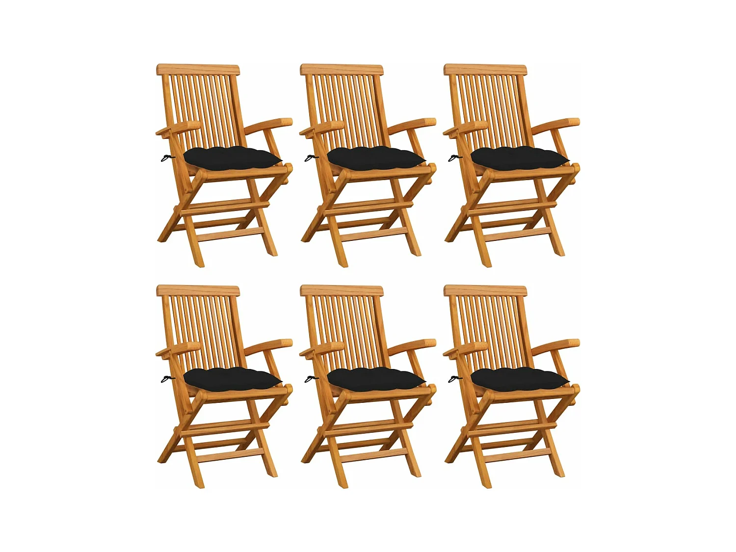 Cadeiras de jardim c/ almofadões pretos 6 peças teca maciça