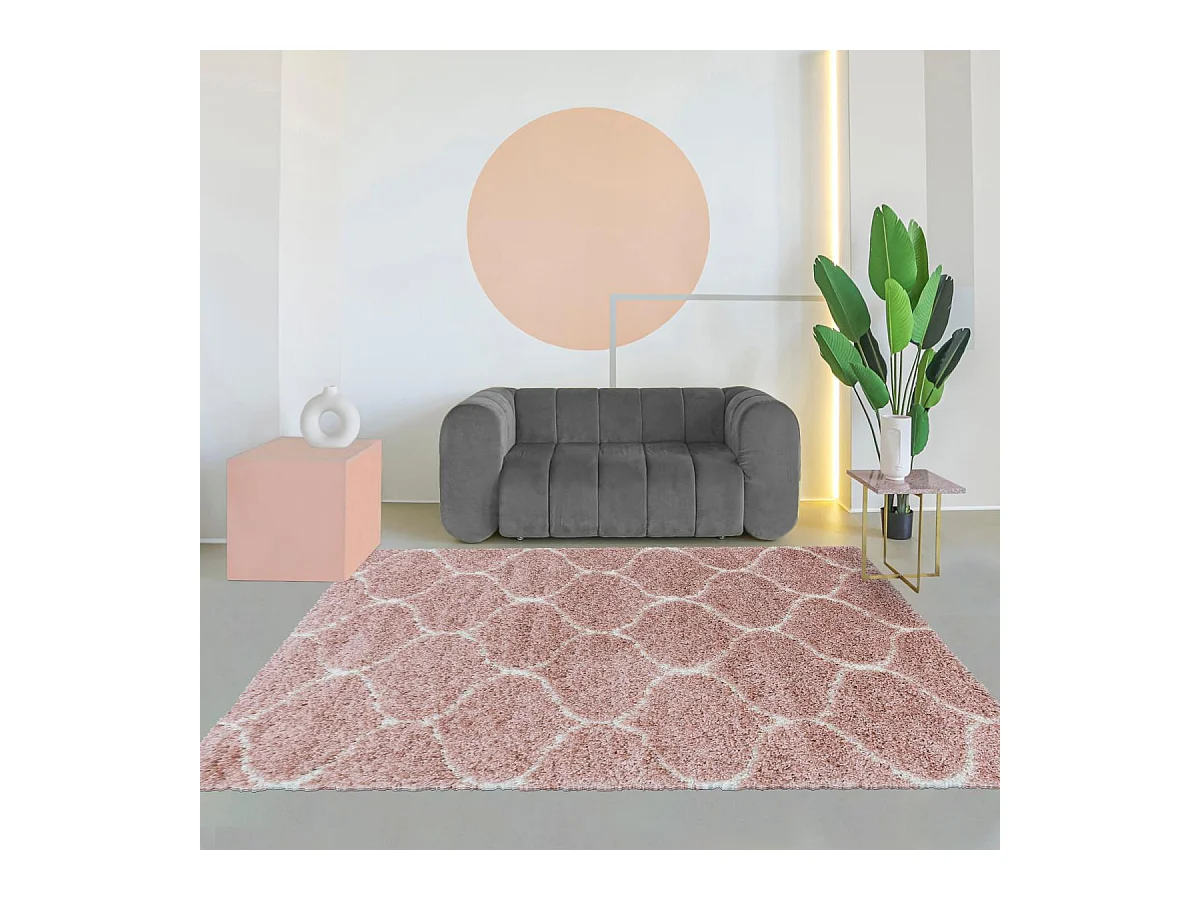 Tapis shaggy Ø200cm rond tissé rose crème et me motif scandinave SCANDINAV A