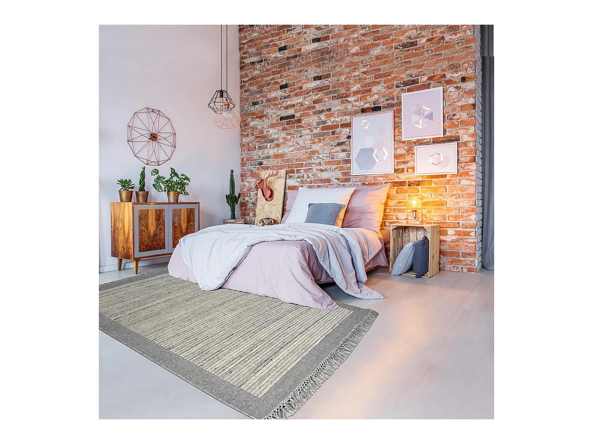 Authentique tapis berbère 200x290 fait à la main en laine gris et beige LOUNALI