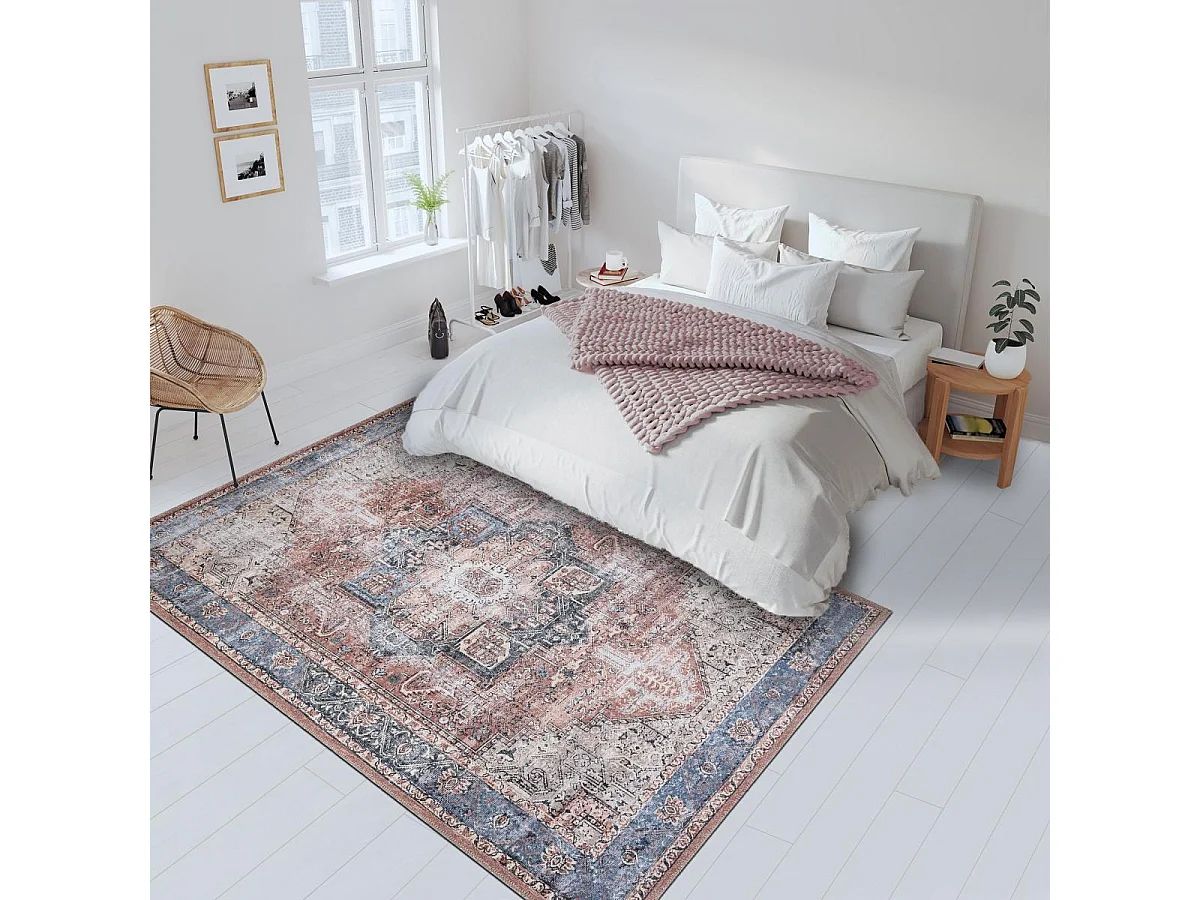 Tapis oriental 150x230 rectangle lit de vin et bleu tissé motif ethnique MASHAD