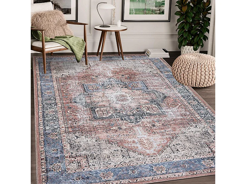 Tapis oriental 150x230 rectangle lit de vin et bleu tissé motif ethnique MASHAD