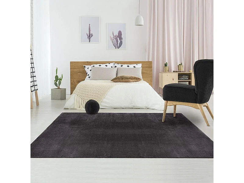 Tapis chambre LYN10 LAVABLE 120x170 soyeux et doux, tapis anthracite uni à l'aspect Shaggy