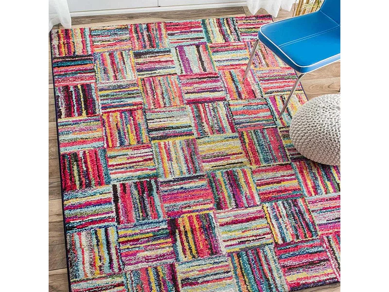 tapis salon 160x160 tissé multicolore carré motif géométrique LYN6 BRIK