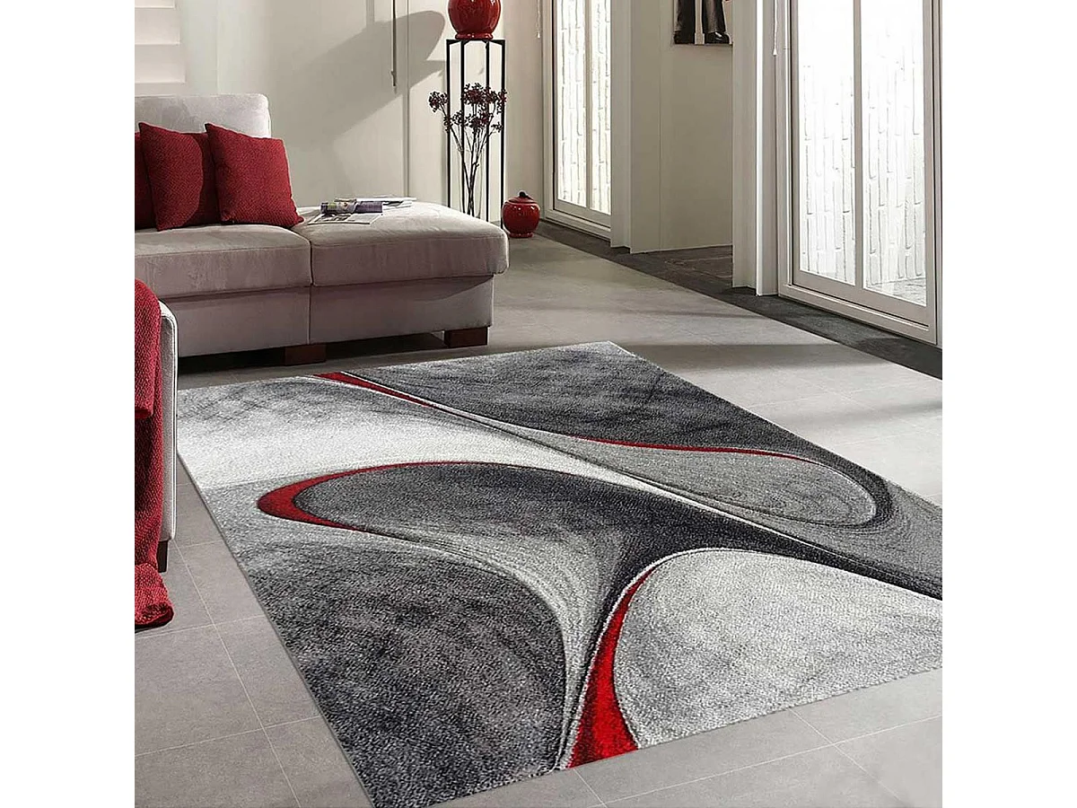 tapis entrée 60x110 tissé rouge et gris rectangle motif géométrique LYN8 MADILA