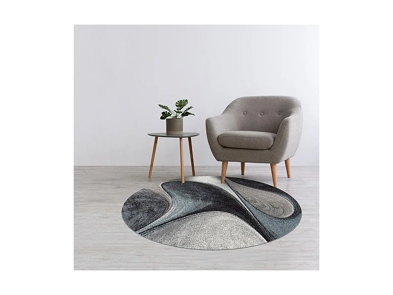 tapis salon Ø120cm tissé bleu et gris rond motif géométrique LYN8 MADILA