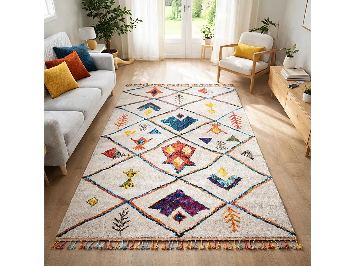 Tapis berbère 120x170 tissé motifs tribaux LYN5 OURIKA C blanc