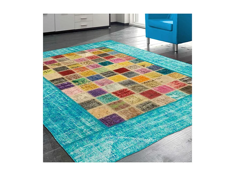 tapis chambre 80x150 fait à la main en laine multicolore motif géométrique