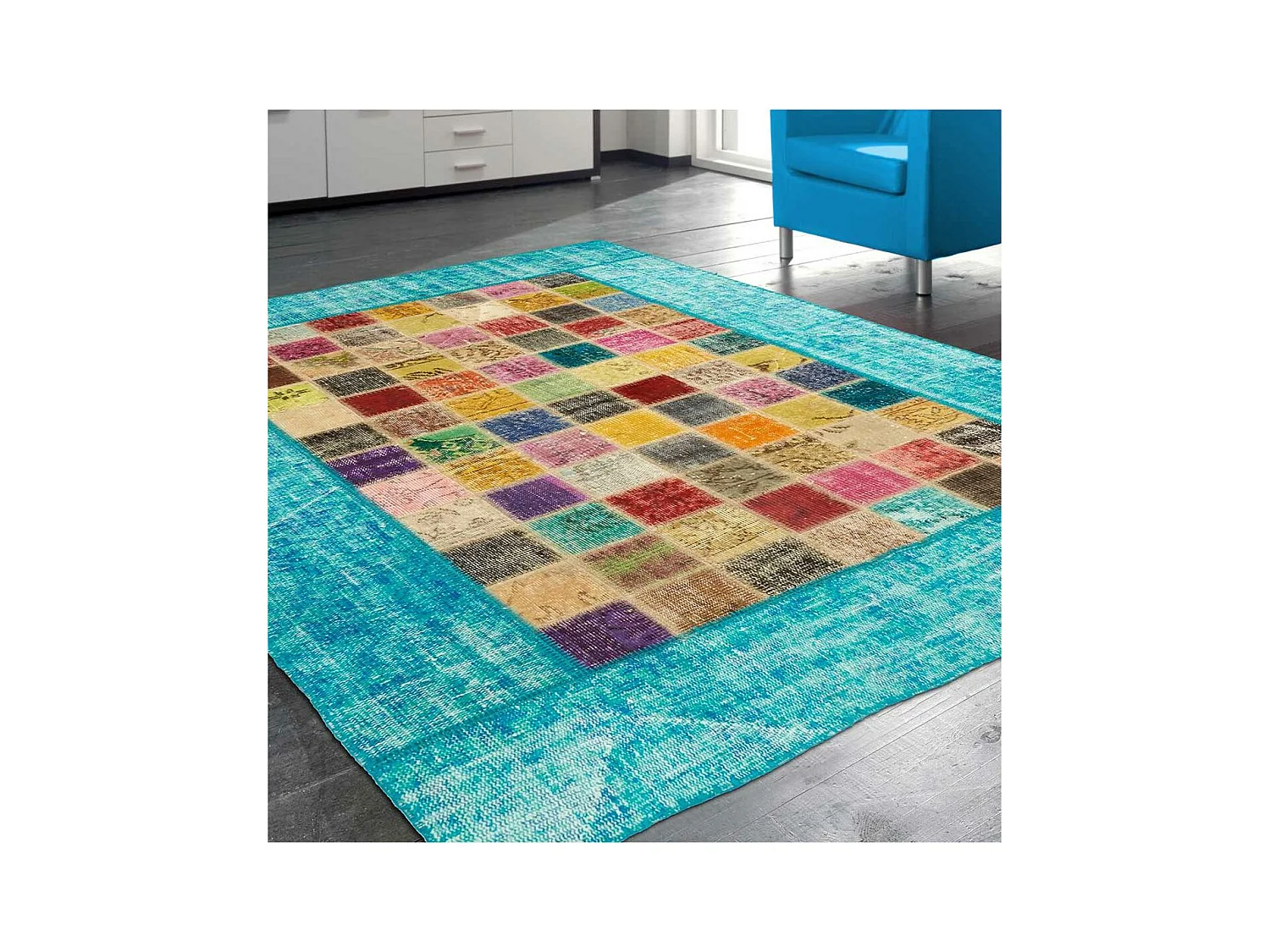 tapis chambre 80x150 fait à la main en laine multicolore motif géométrique