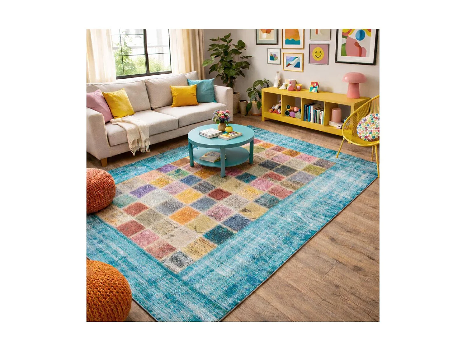 tappeto per camera da letto 80x150 realizzato a mano in lana multicolore a fantasia geometrica