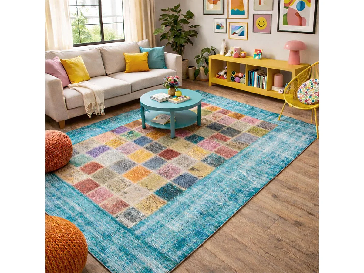 tapis chambre 80x150 fait à la main en laine multicolore motif géométrique