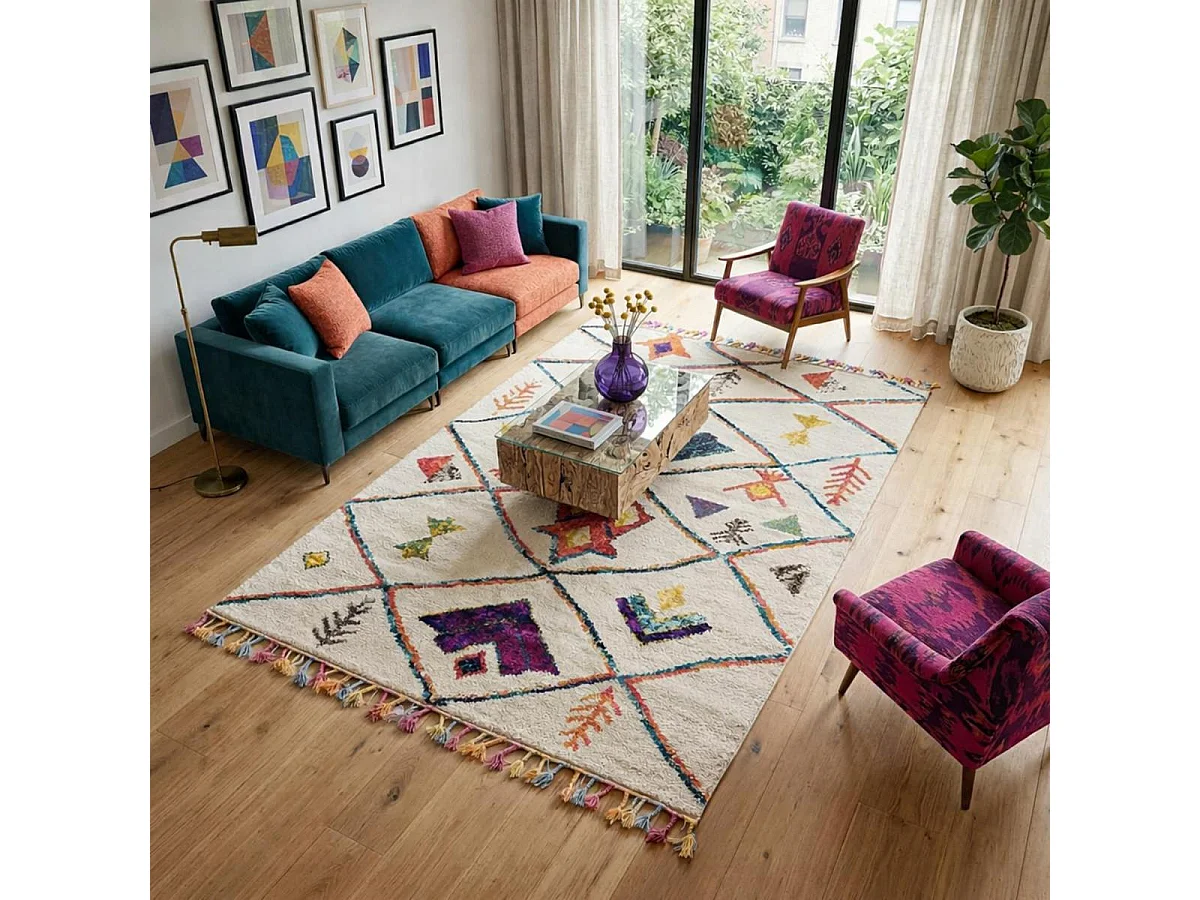 Tapis berbère 200x290 tissé motifs tribaux LYN5 OURIKA C blanc