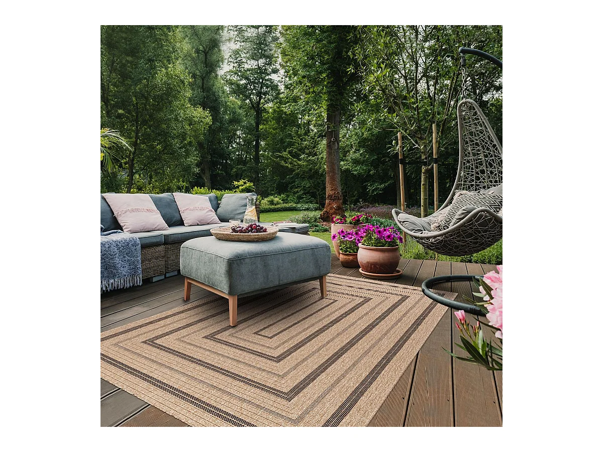 Tapis extérieur Ø120cm rond tissé kilim beige et noir JUTE ART 5