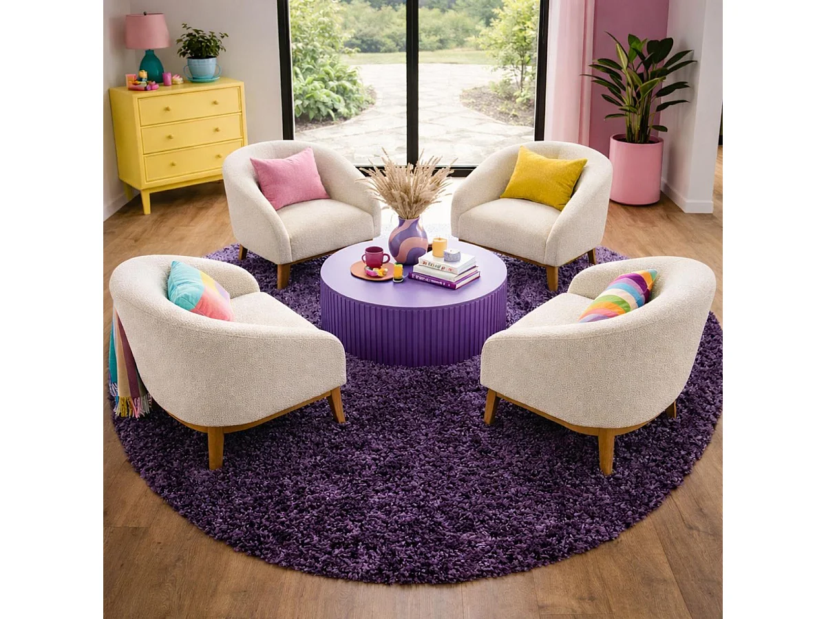 Tapis poils longs shaggy Ø200cm rond tissé violet motif uni UNI L