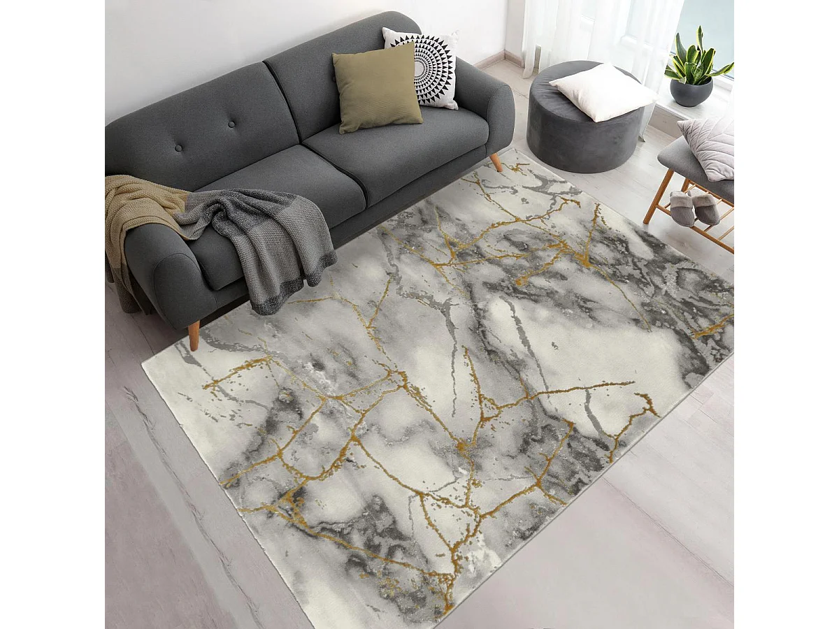 tapis couloir 80x300 tissé gris et or rectangle motif abstrait MARBAL