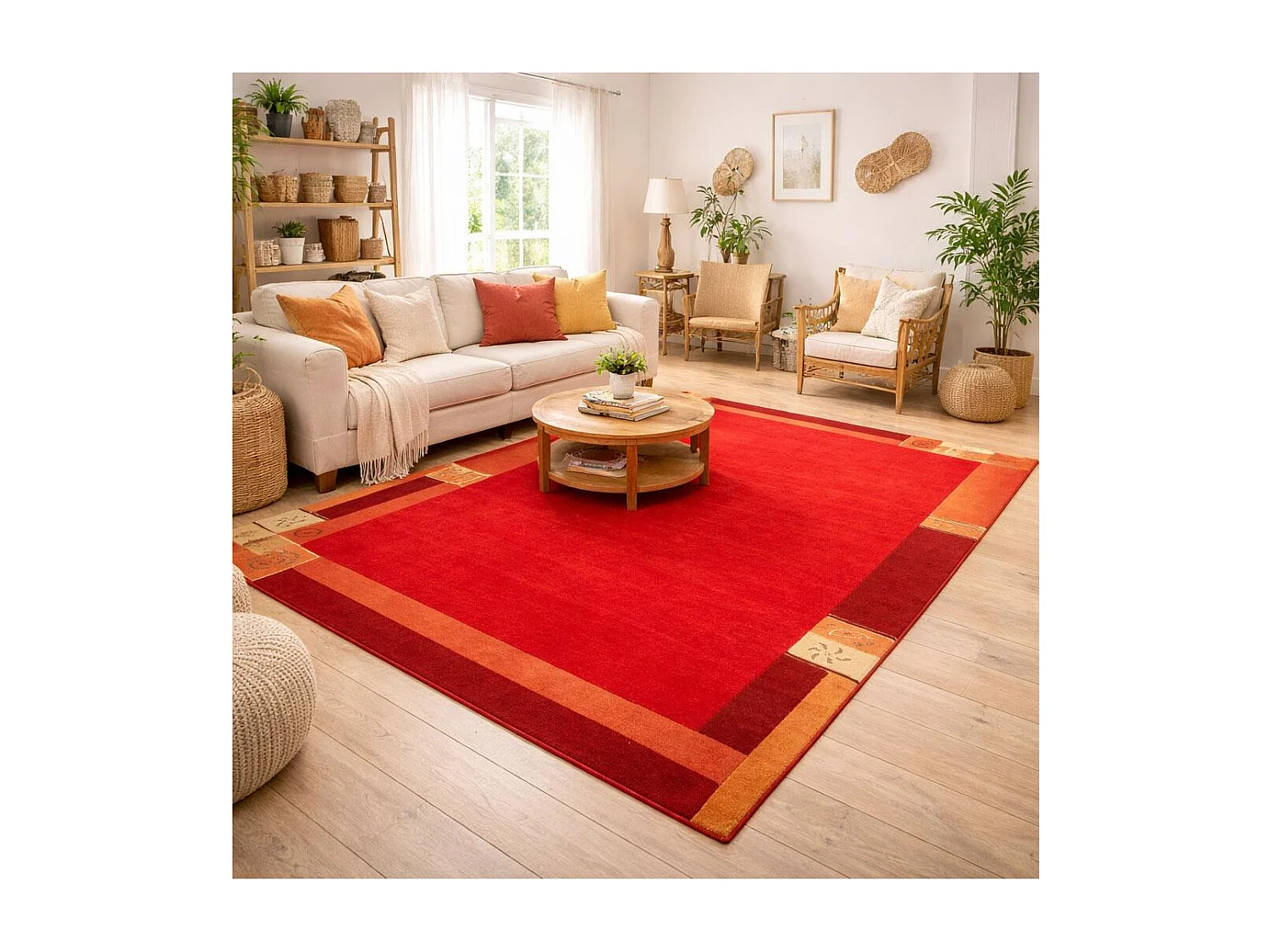 tapis chambre 90x160 fait main en laine rouge rectangle motif simple LIMANA