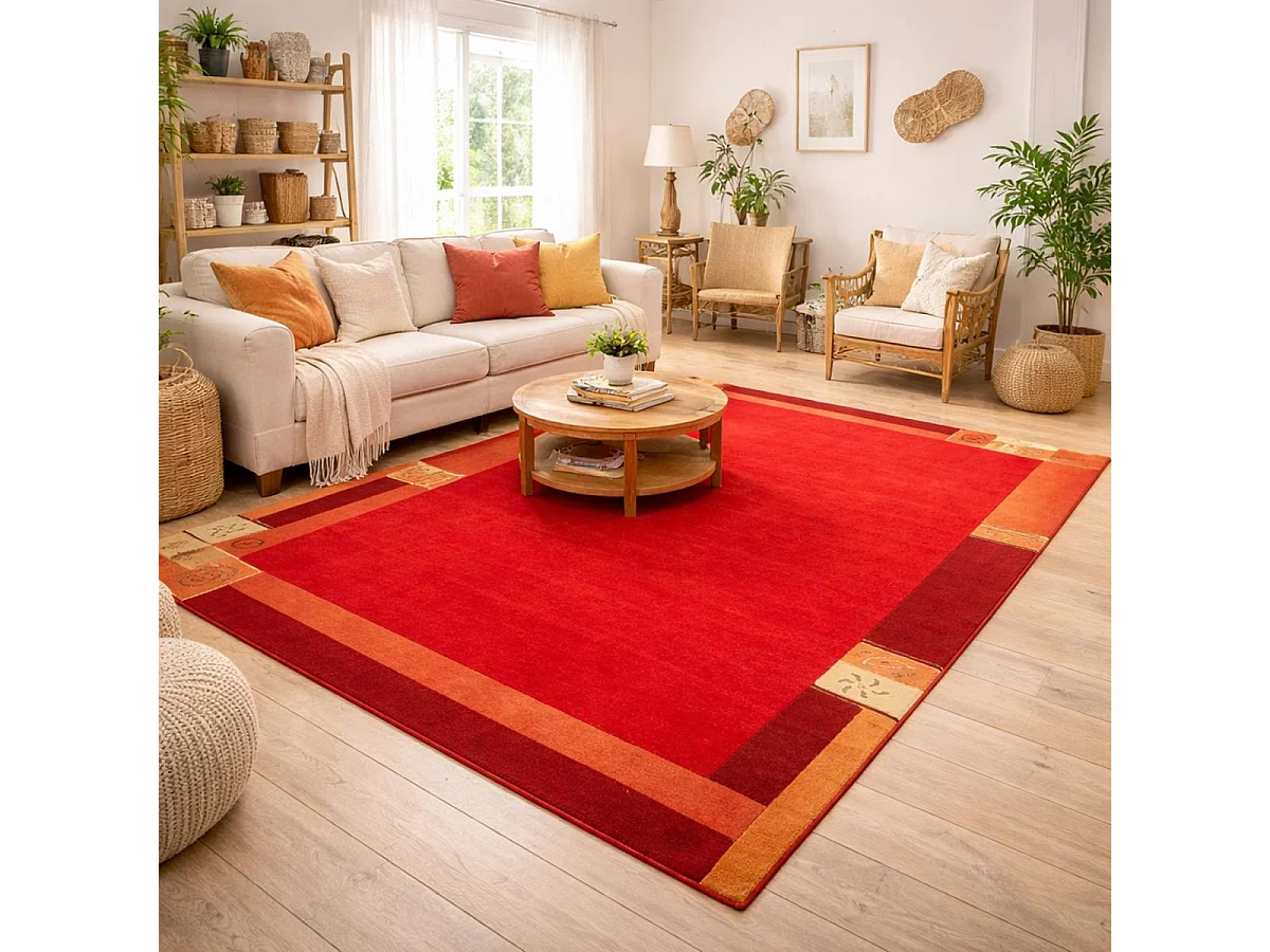 tapis chambre 90x160 fait main en laine rouge rectangle motif simple LIMANA
