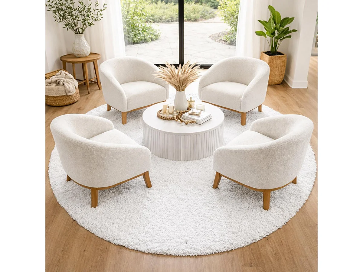 Tapis poils longs shaggy Ø120cm rond tissé crème motif uni UNI L