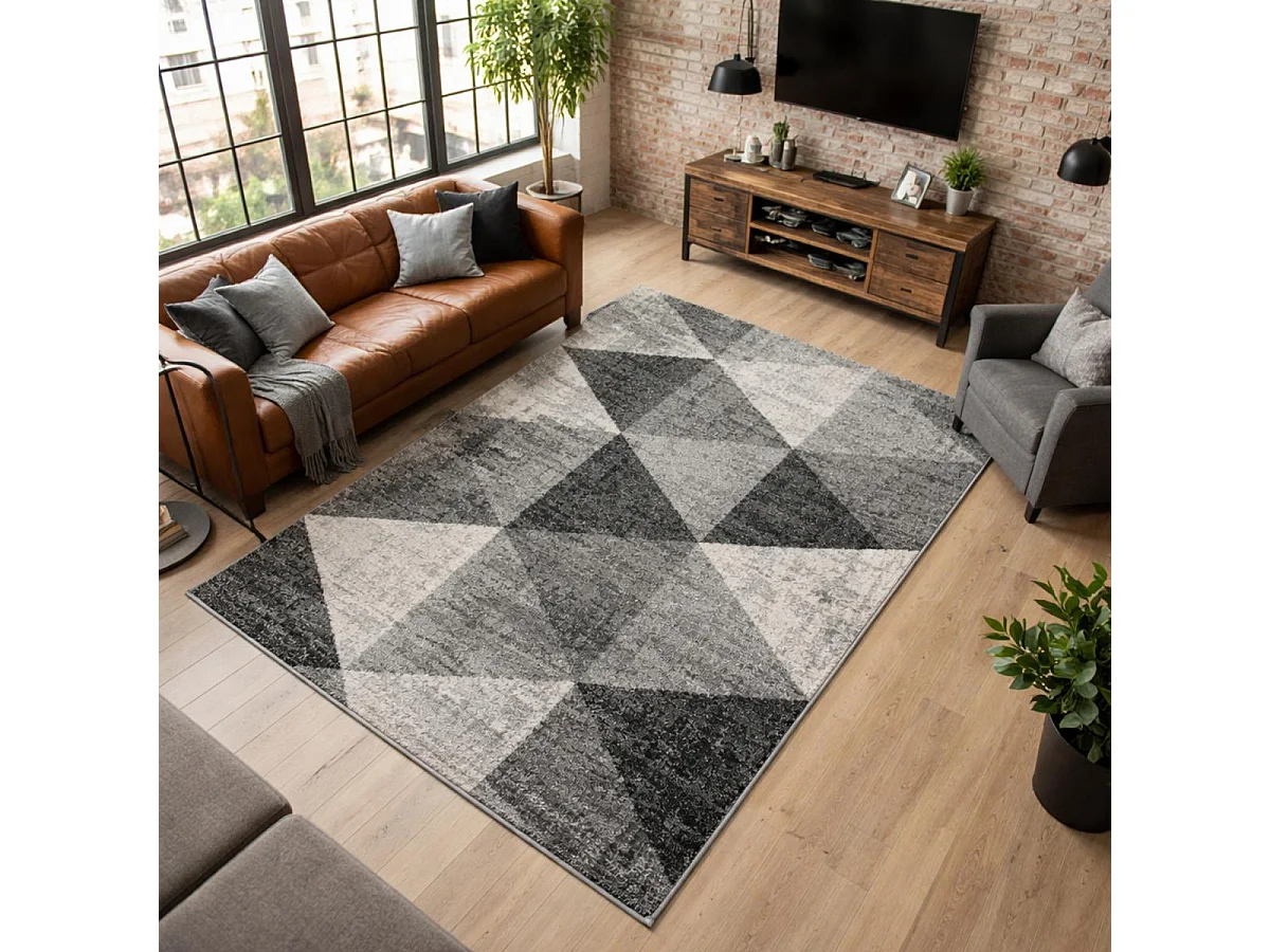 tapis salon 200x280 tissé gris et crème rectangle motif géométrique SOLTAM