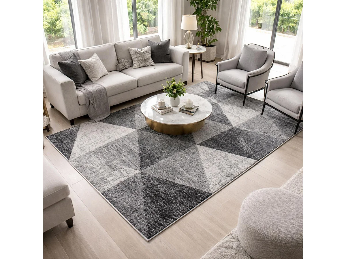 tapis salon 200x280 tissé gris et crème rectangle motif géométrique SOLTAM