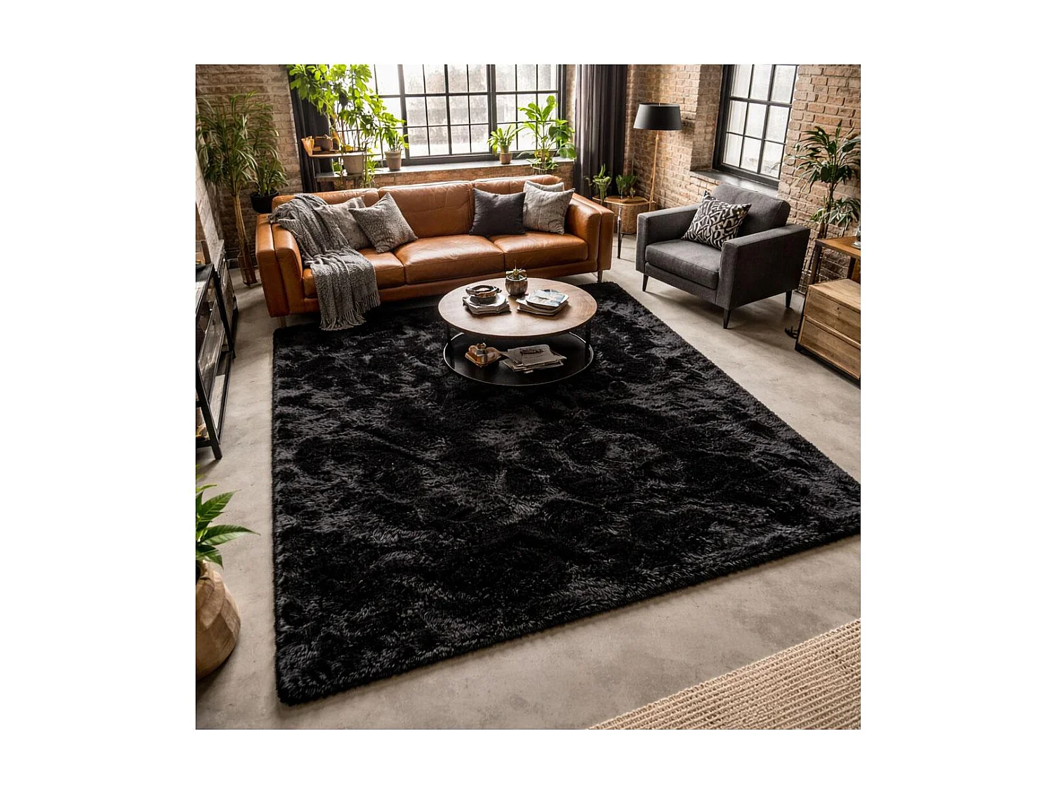 Tapis shaggy 60x110 rectangle fait main noir motif uni SG FIN