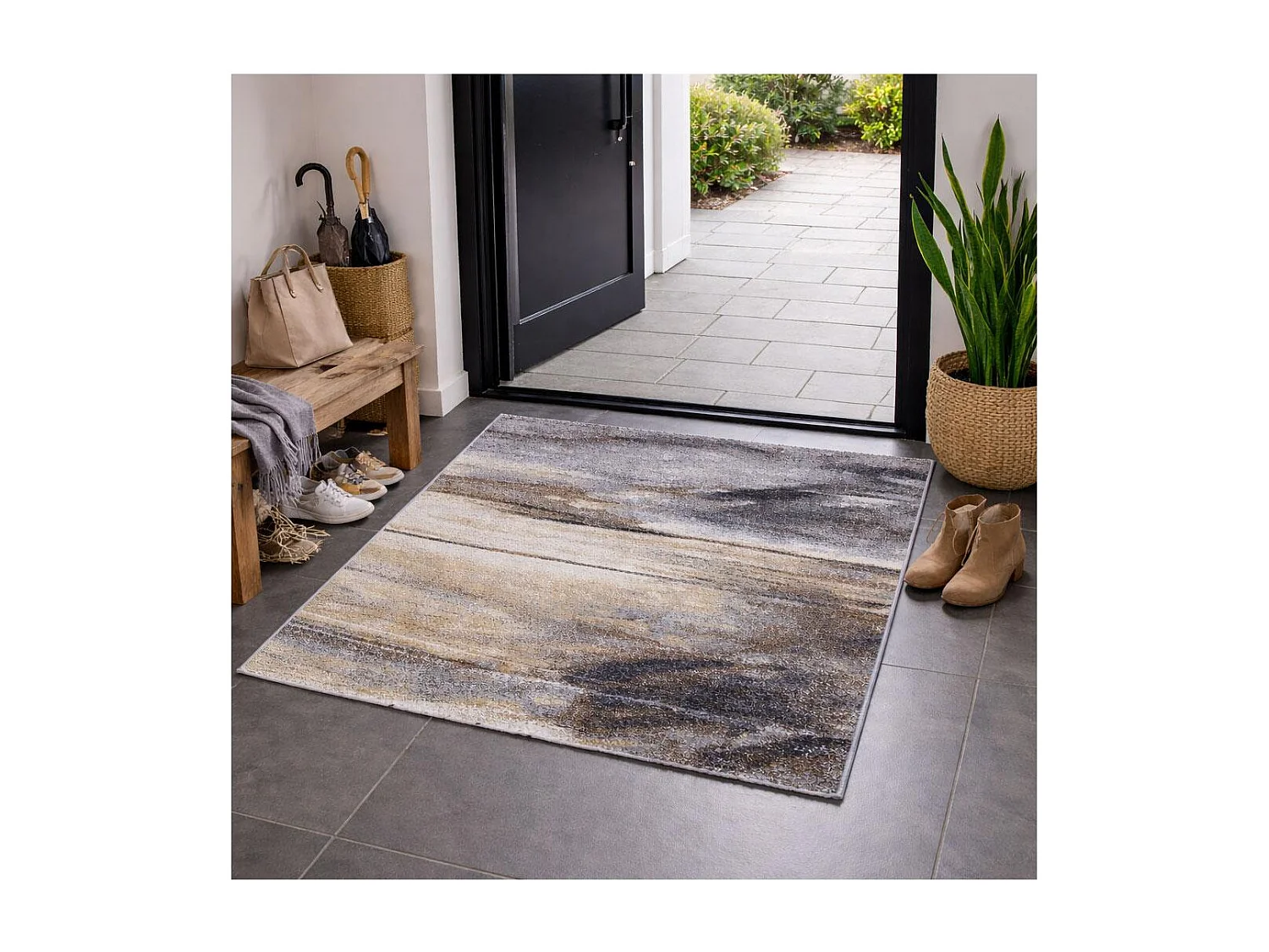 tapis chambre 80x150 tissé gris rectangle motif rond ELEGANT 01