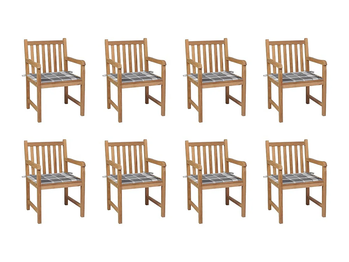 Chaises de jardin 8 pièces et coussins carreaux gris Bois de teck