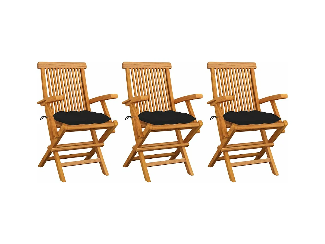 Chaises de jardin avec coussins noir 3 pièces Bois de teck massif