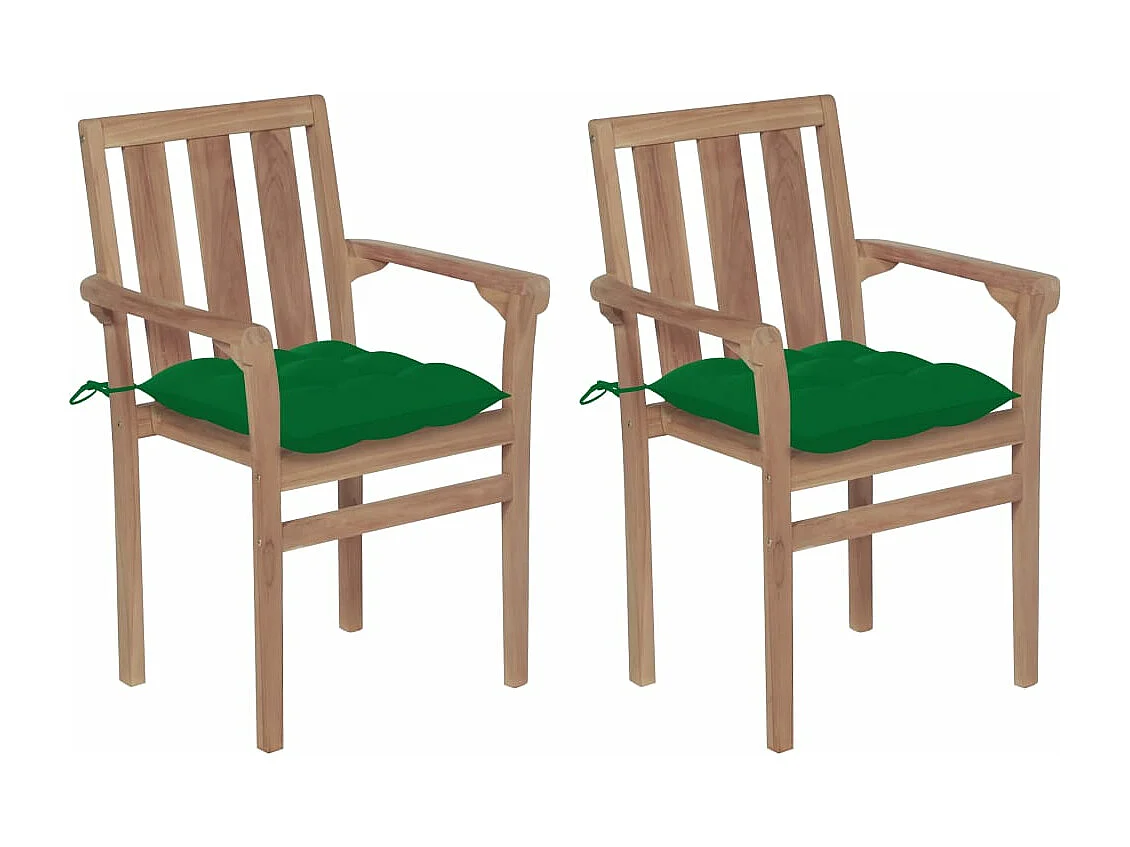 Chaises de jardin 2 pièces avec coussins vert Bois de teck massif