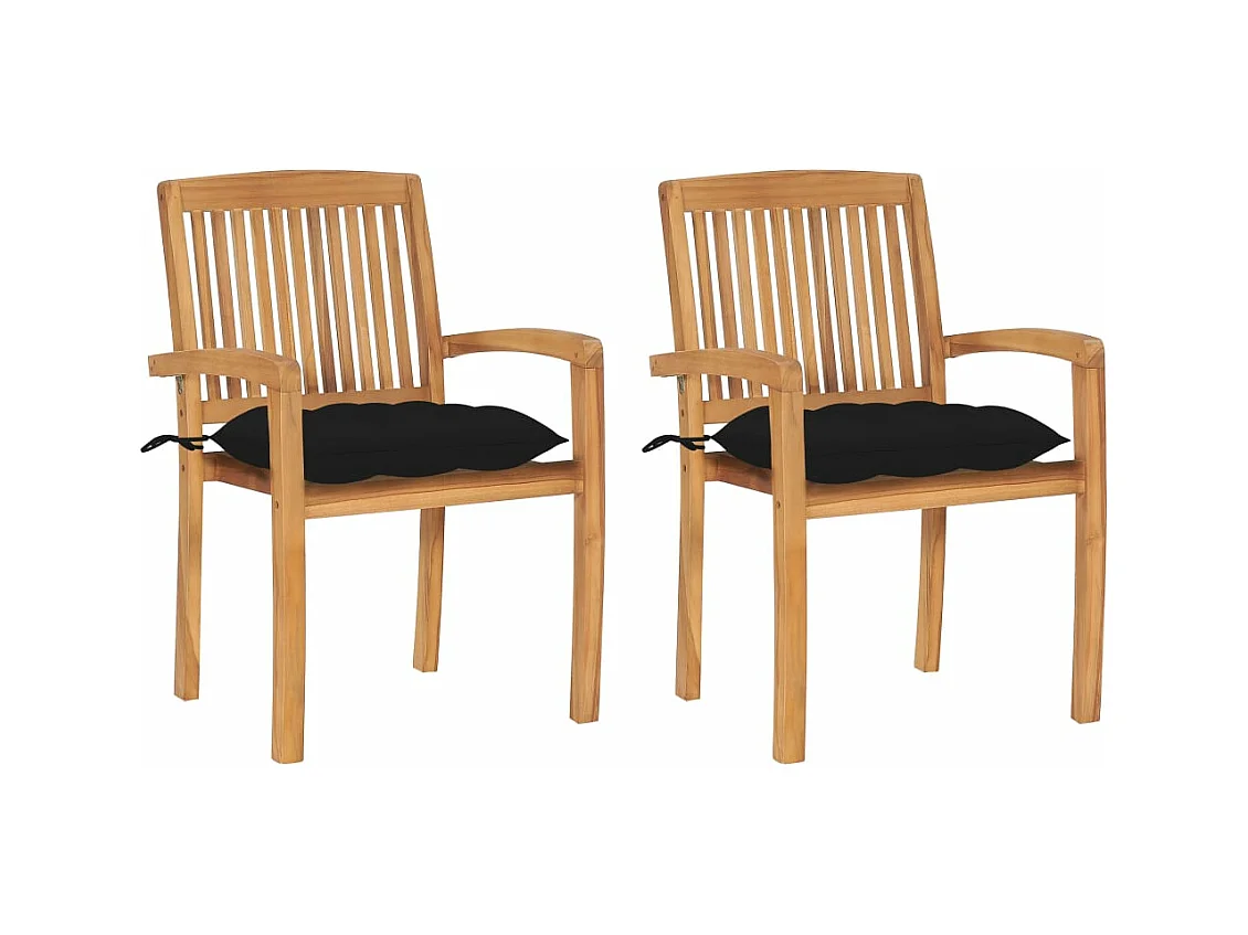 Chaises de jardin 2 pièces avec coussins noir Bois de teck massif